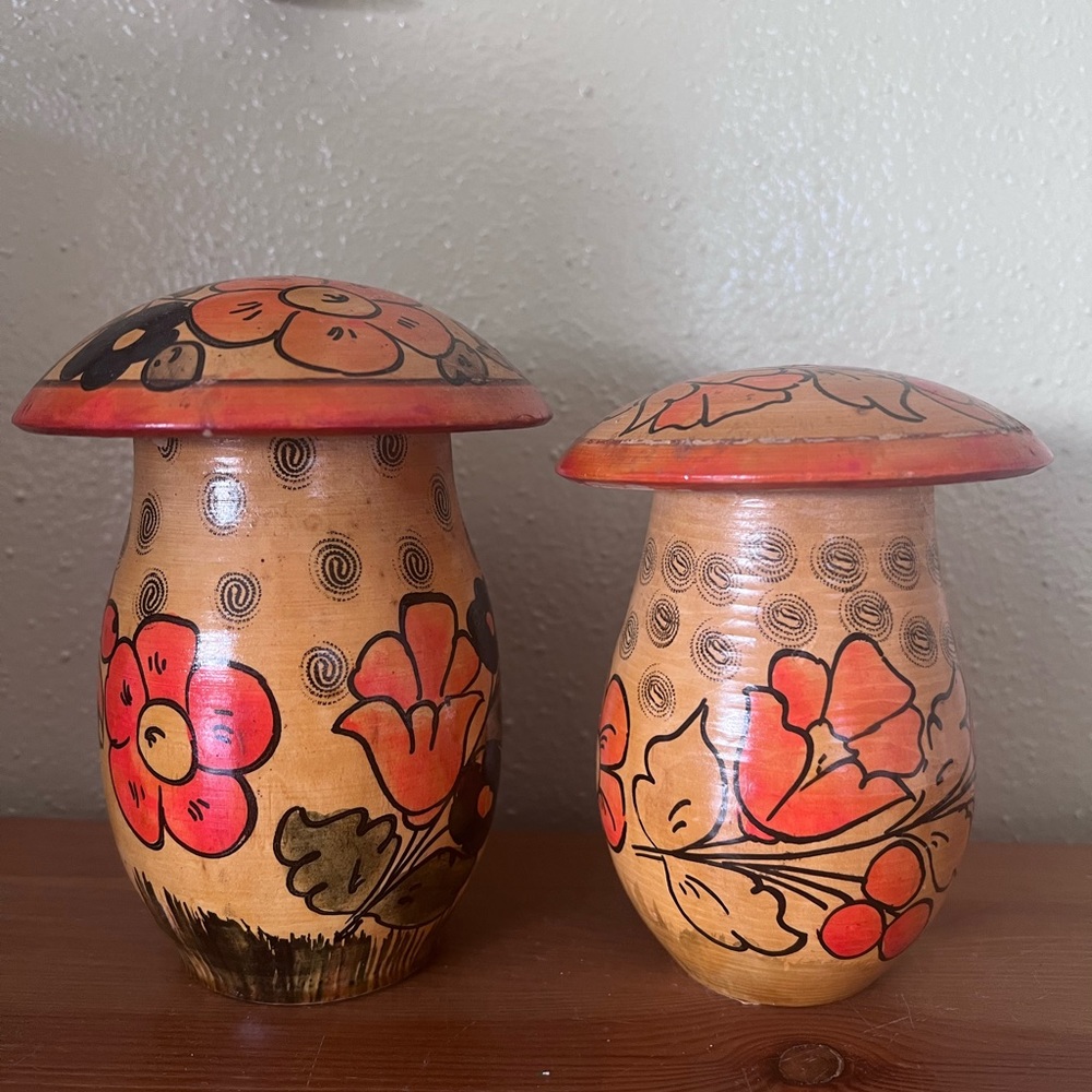 Vintage 70's Russian hand painted wooden mushrooms